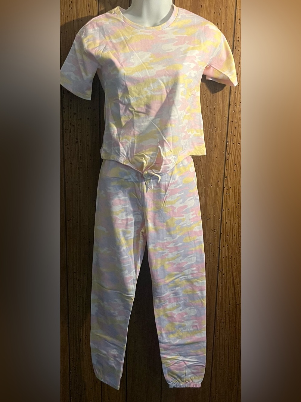 Self Esteem Kids short sleeve jogger Set in Pastel Pink, Yellow & White Camo